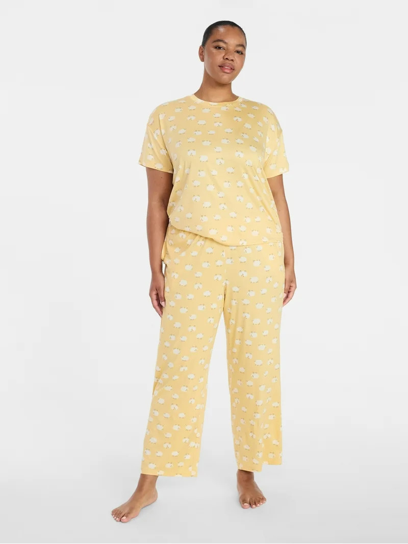 Joyspun Women's Dreamy Soft Collection Short Sleeve Sleep Top and Open Leg Pants Pajama Set, 2-Pi... | Walmart (US)