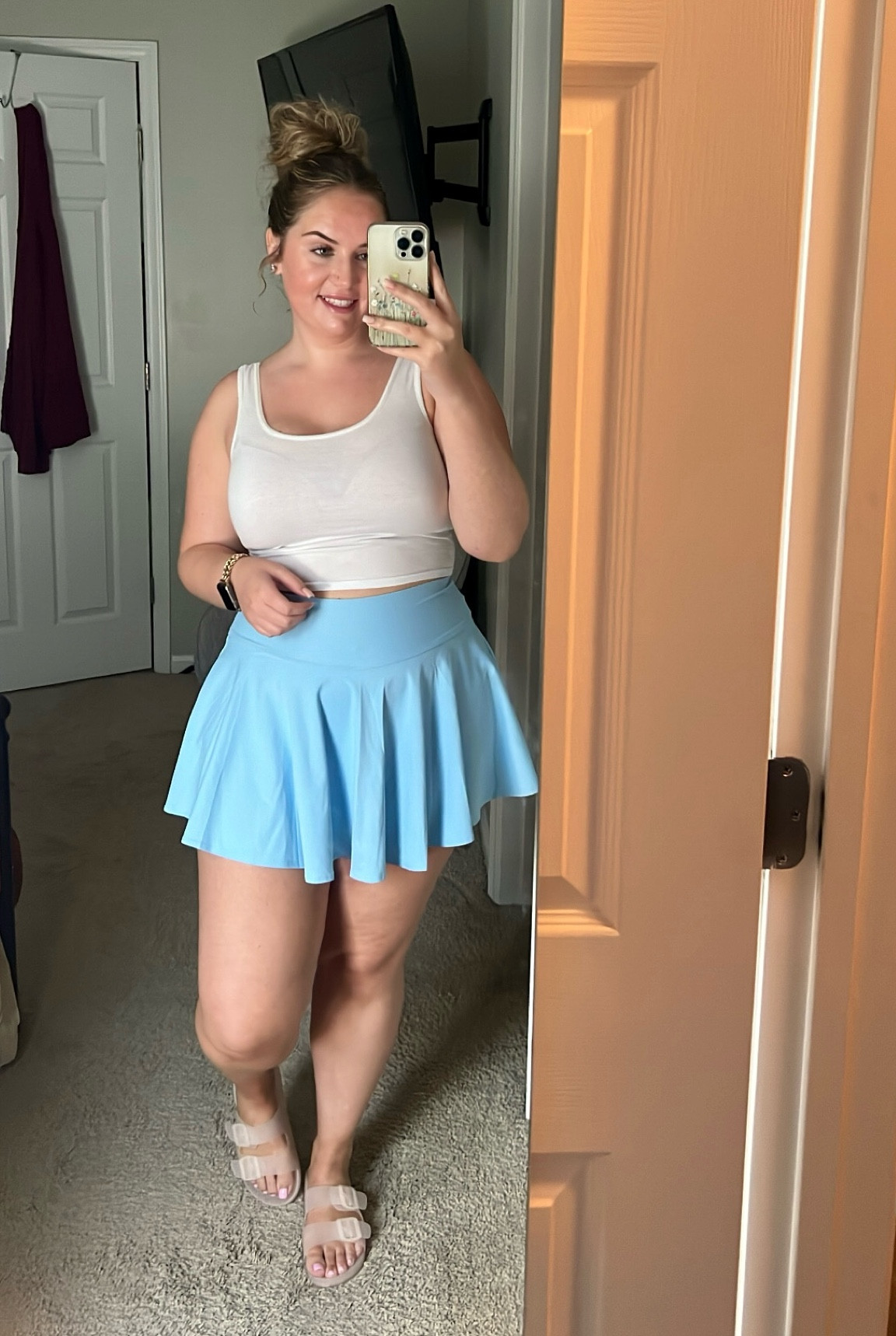 Casual look/workout 🩵
I will say the skirt is a bit short in the back for curvy girls but the built in shorts make it okay! 

#LTKActive #LTKMidsize