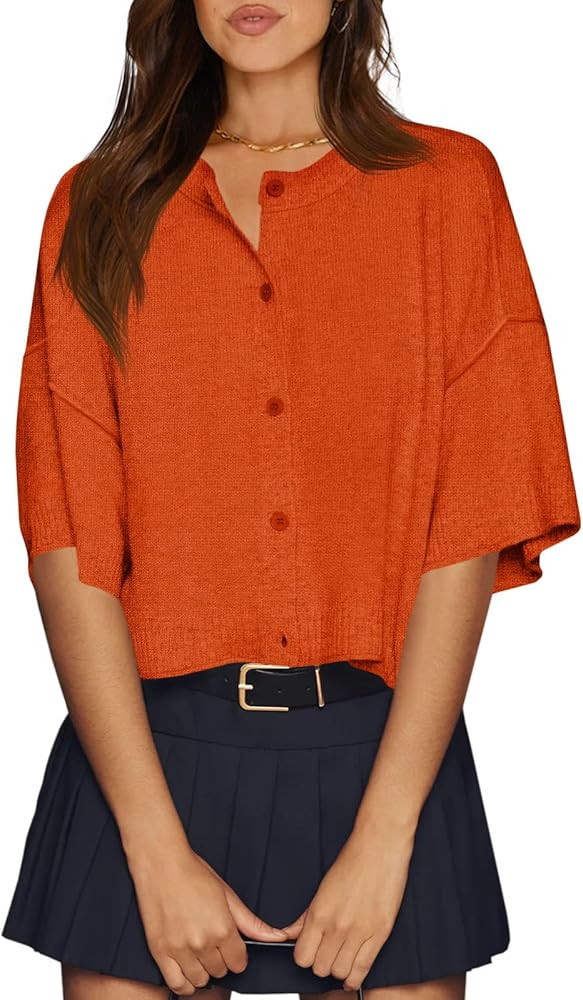 Cicy Bell Womens Half Sleeve Cardigan Sweaters Cropped Button Down Tops Oversized Lightweight Rib... | Amazon (US)