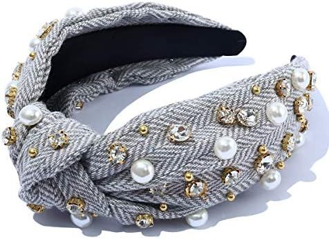 Women White Knotted Grey Jeweled Headband Embellished Top Hairband ladies Twist Bohemian Hair acc... | Amazon (US)