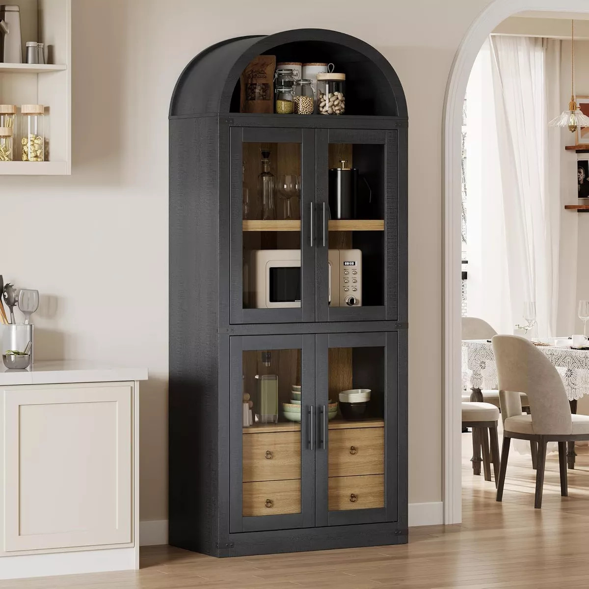 71.4in Arched Bookshelf, Farmhouse Bookcase with Doors and Drawers, Wooden Display Cabinet Rounde... | Target