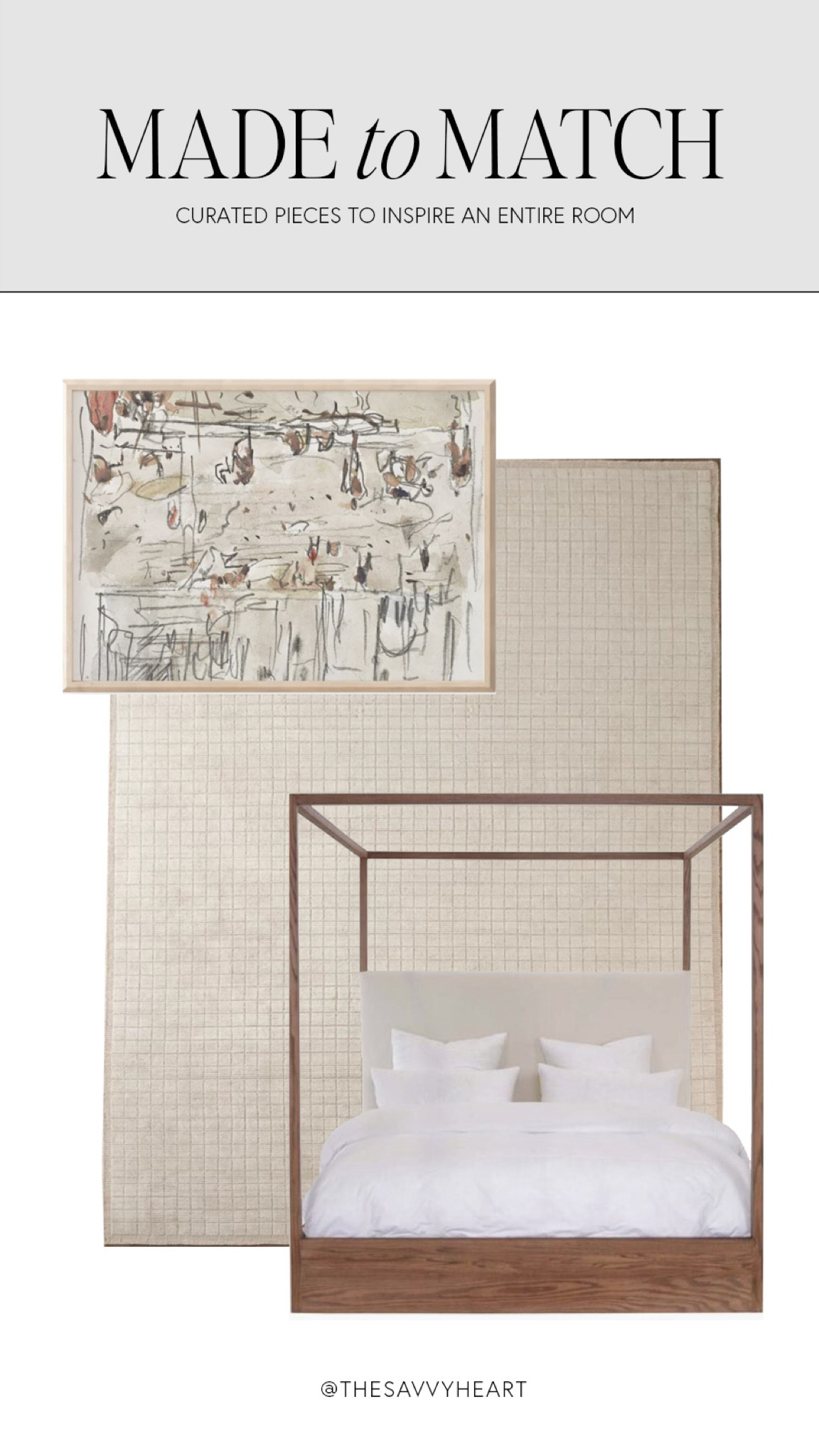 Natural cream, beige and wood bedroom design with w wood canopy bed, simple cars checkered area rug and abstract figure art