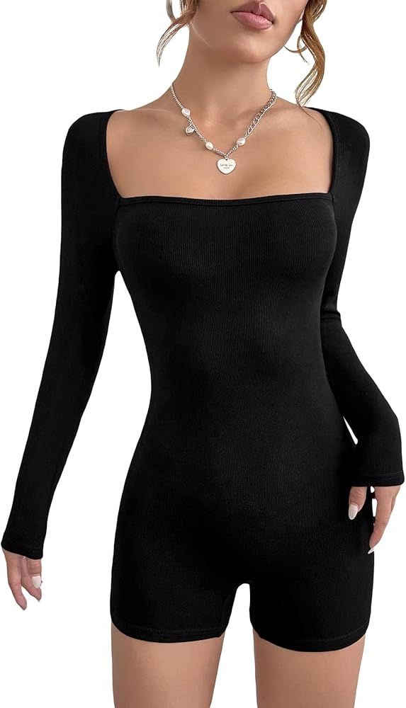 Cozyease Women's Solid Rib Knit Slim Fit Short Bodysuit Long Sleeve Square Neck Romper | Amazon (US)