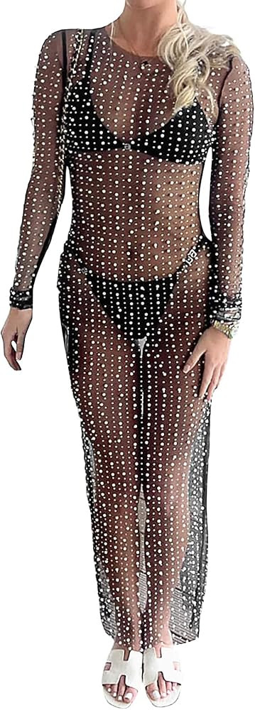 LABULADUO Sexy Women Sheer Mesh Pearl Rhinestone Cover Up Dress Summer Beach Bathing Suit Cover U... | Amazon (US)