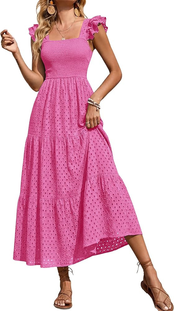 PRETTYGARDEN Womens Summer Square Neck Maxi Dresses Cap Sleeve Eyelet Smocked Tiered A Line Flowy... | Amazon (US)