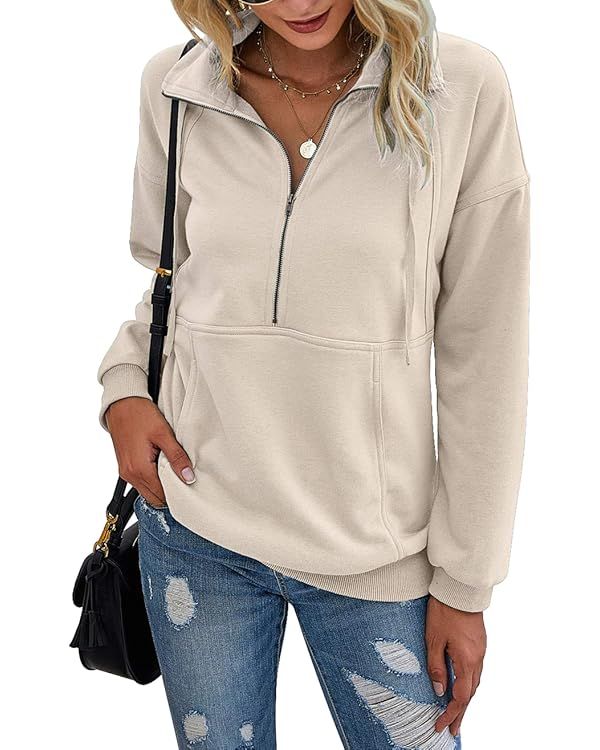 PRETTYGARDEN Women's Casual Long Sleeve Zipper Sweatshirt Drawstring Loose Quarter Zip Pullover T... | Amazon (US)