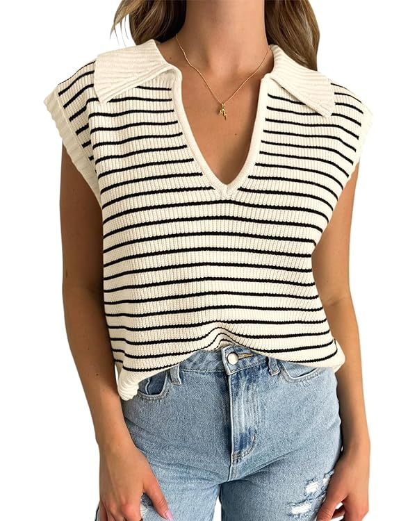 Yousify Summer Sweaters for Women 2024 V Neck Cap Sleeve Tops Sleeveless Spring Clothes S-2XL | Amazon (US)