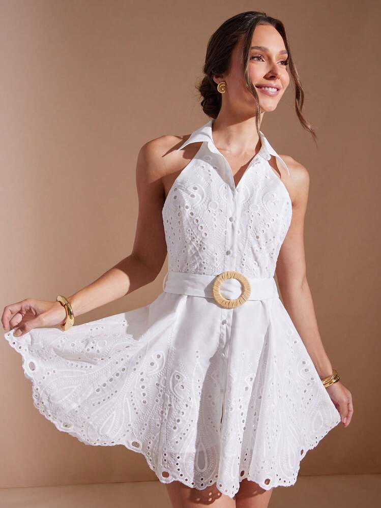 L'Amorae Elegant Summer Embroidered Scallop Eyelet Collar Button Down Belted Mini Summer White Sundress, Summer Outfits For Women, Brunch Outfits For Women, Vacation Outfits Woman | SHEIN