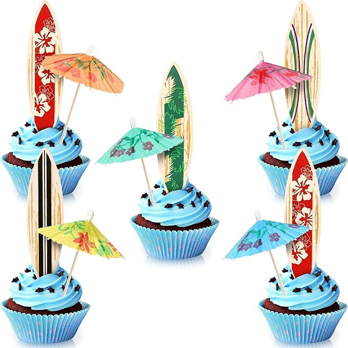 96 Pcs Surfboard Cake Decorations Umbrella Cocktail Drink Picks, Surfboard Cupcake Toppers Tropic... | Amazon (US)