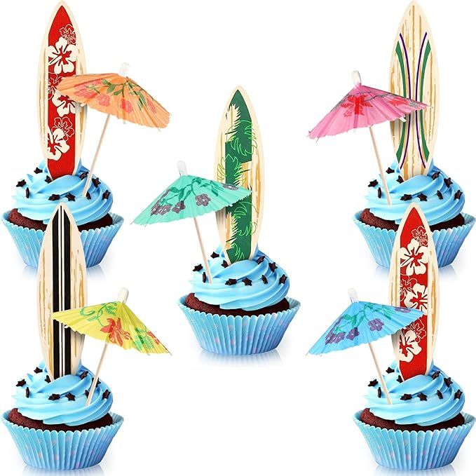 96 Pcs Surfboard Cake Decorations Umbrella Cocktail Drink Picks, Surfboard Cupcake Toppers Tropic... | Amazon (US)