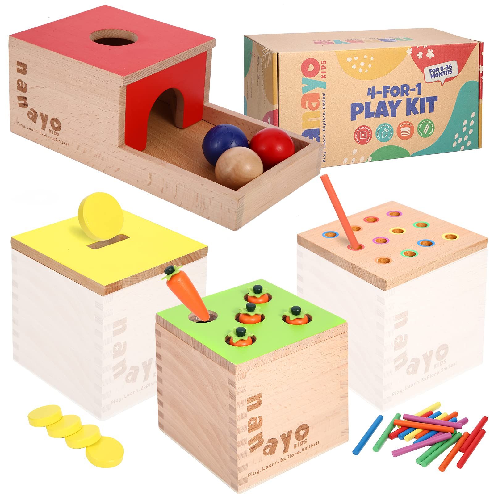 nanayo 4-for-1 Play Kit Includes Object Permanence Box, Montessori Coin Box, Carrot Harvest Game, Ma | Amazon (US)