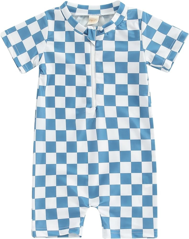 Toddler Baby Boy Girl Swimsuit Checkered One Piece Swimwear Short Sleeve Zipper Rash Guard Beach ... | Amazon (US)