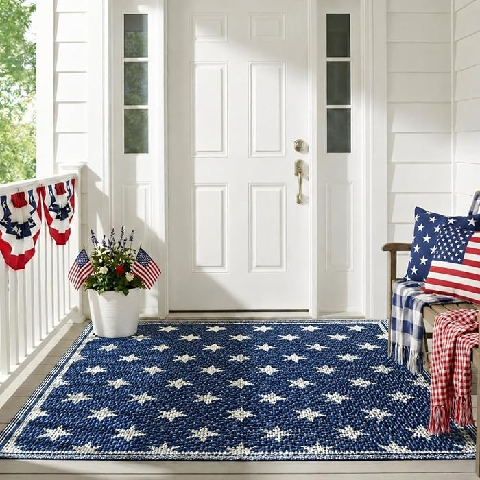 3x5ft Patriotic Outdoor Rug Waterproof Plastic Straw Patio Mat Reversible Red White and Blue Stri... | Amazon (US)