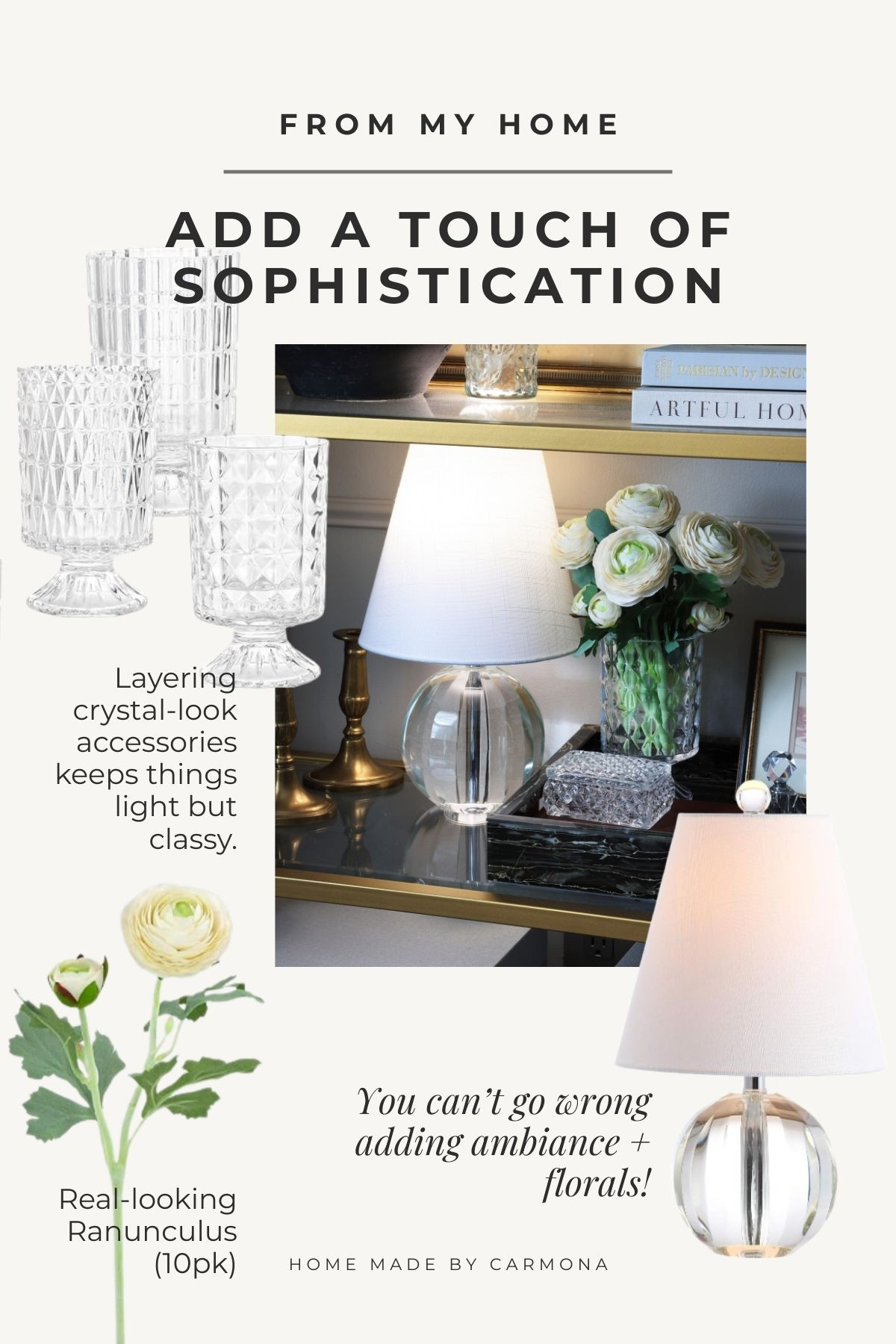 Classic vignette styling | Real-looking Ranunculus flowers (10pk) | Glass table lamp | Embossed glass vases 

 #LTKHome
