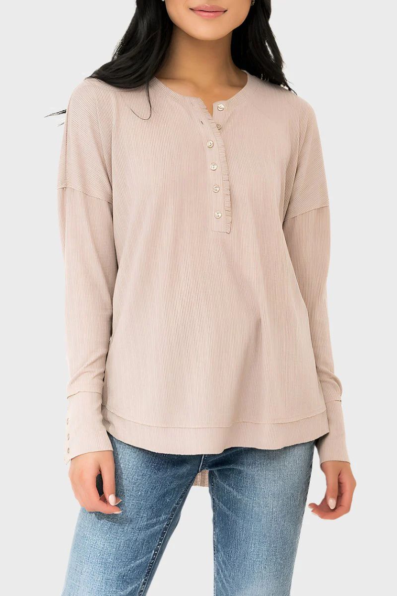 Ruffle Trim Pointelle Knit Henley Top | Gibson