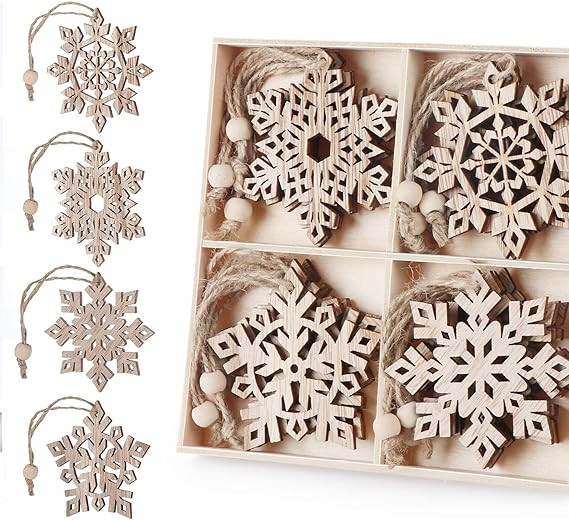 ilauke 16 pcs Unfinished Christmas Wood Snowflake Ornaments - 4 Style of Snowflake Ornaments Bulk... | Amazon (US)