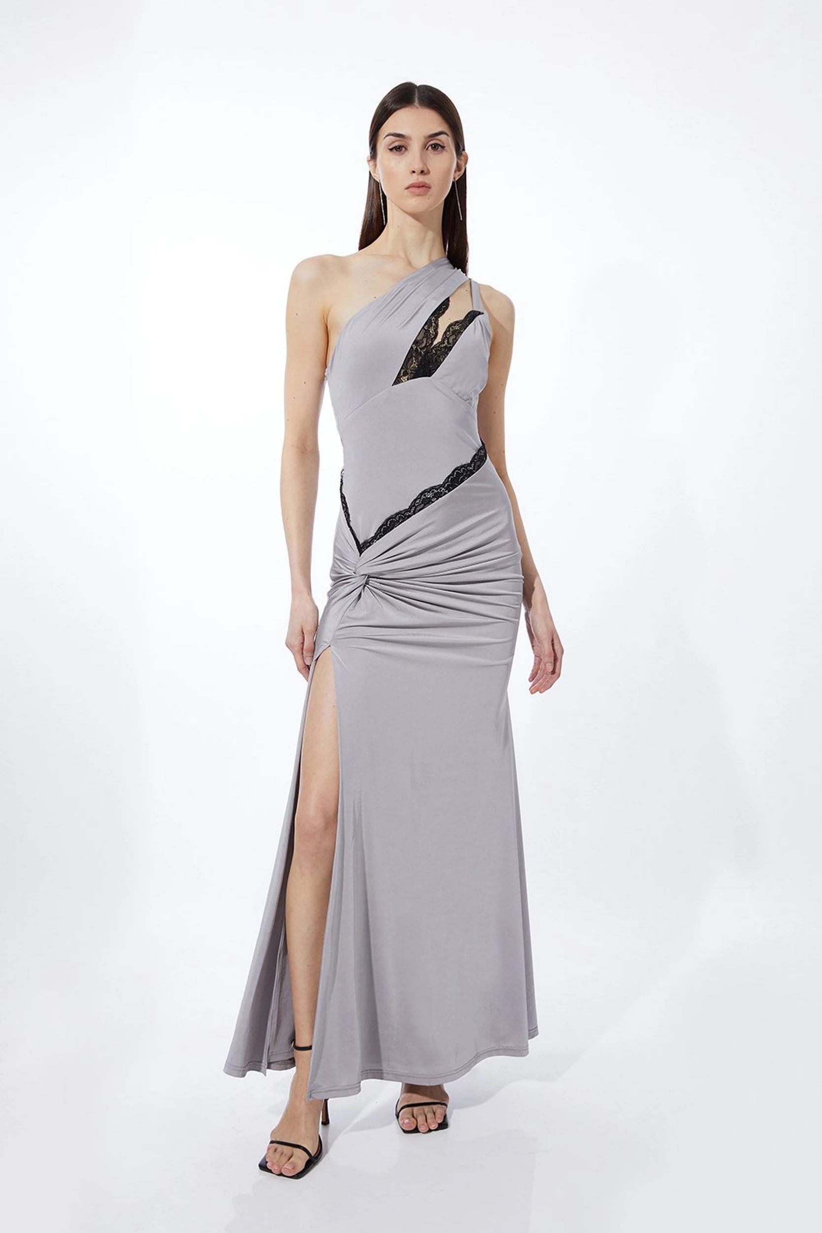 Petite Lace Trim One Shoulder Jersey Maxi Dress | Karen Millen UK + IE + DE + NL