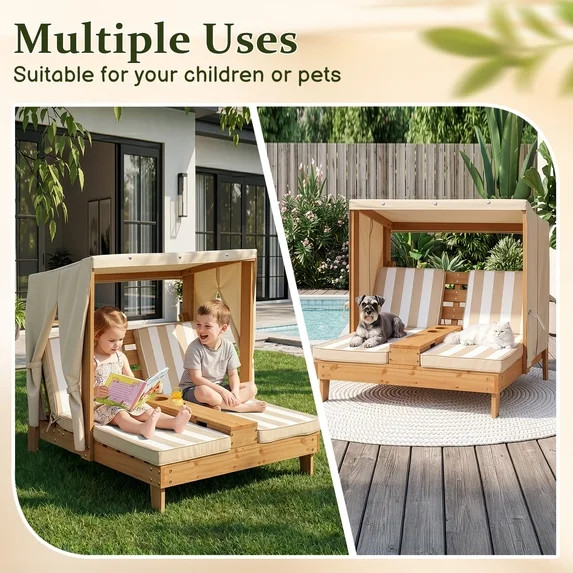 UBesGoo Toddler 2-Seater Patio Daybed with Canopy, Kids Wooden Outdoor Lounge with Cushion & Side... | Walmart (US)