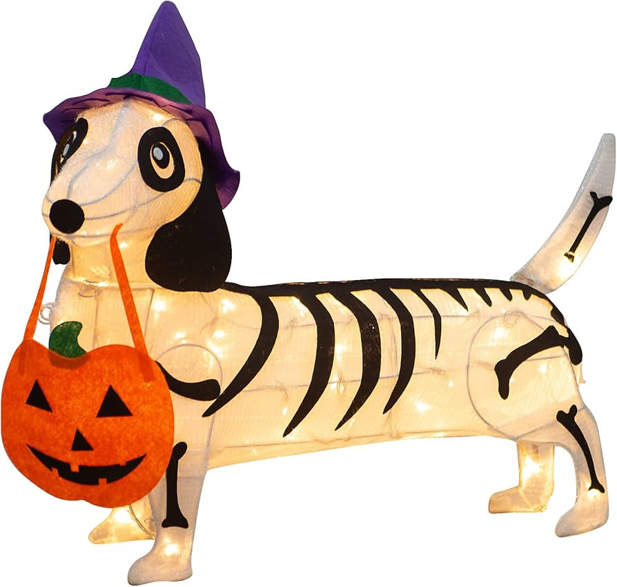 KITBONIS Pre-lit 25.5 Inches Long Halloween Skeleton Dog with Witch Hats with Twinkle Lights Indoor  | Amazon (US)