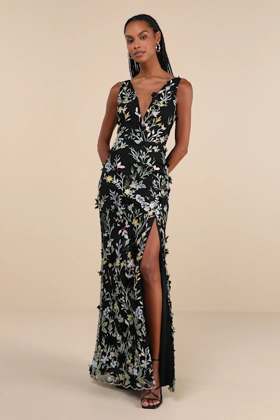 Elegant Composure Black Floral Embroidered Lace-Up Maxi Dress | Lulus