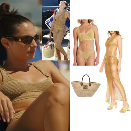Paige DeSorbo’s Gold Cutout Bikini + Straw Tote // Cover Up by Lisa Maree