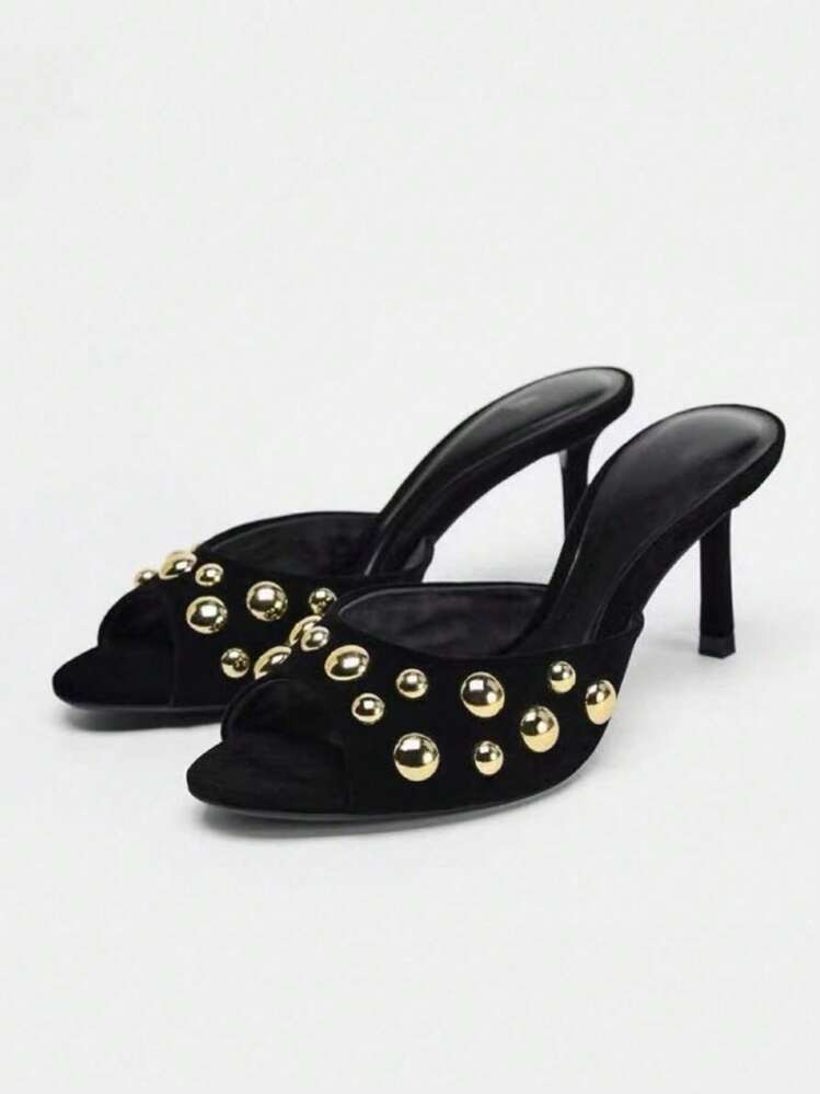 Black Rivet Decor High Heel Sandals, Women 2025 New Fashion Elegant Versatile Stiletto Slip-On Mu... | SHEIN