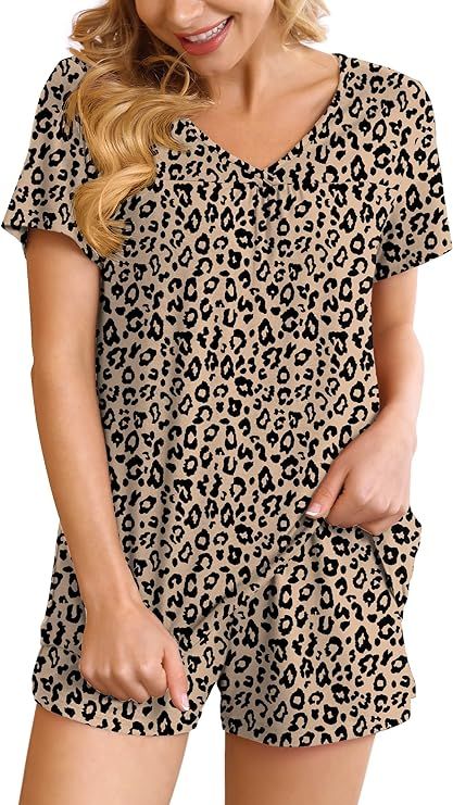 POKWAI Pajamas for Womens Shorts Sets with Pocket Summer Short Sleeve 2 Piece Pjs Sleepwear Night... | Amazon (US)