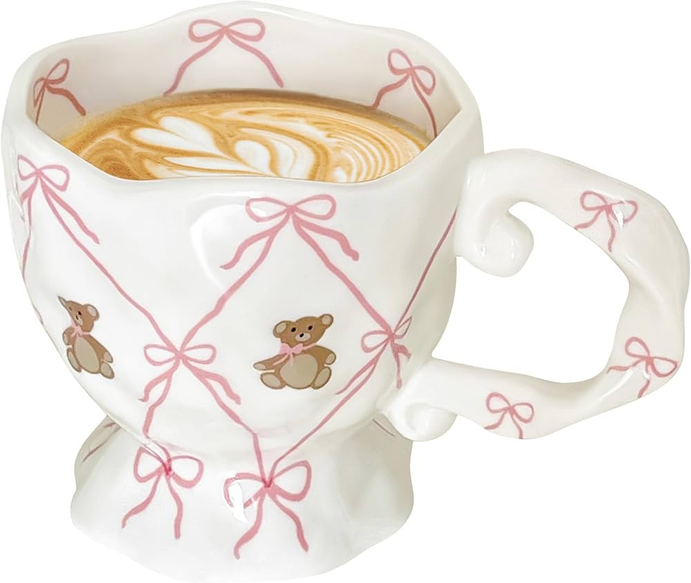 Ceramic Coffee Mug with Pink Bow Cute Bear, Handmade Kawaii Water Cup for Tea Milk Latte Cocoa 14... | Amazon (US)
