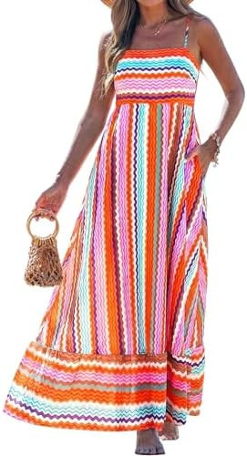 popvil Women Summer Maxi Dress 2026 Spaghetti Strap Long Beach Dress Boho A-Line Flowy Casual Sle... | Amazon (US)
