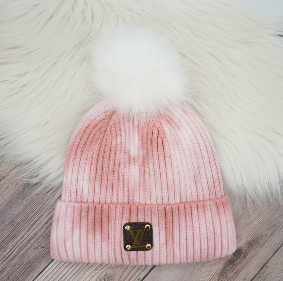 Ready to Ship - Pink Tie Dye Pom Pom Beanie with Upcycled LV Monogram Patch | Sparkl