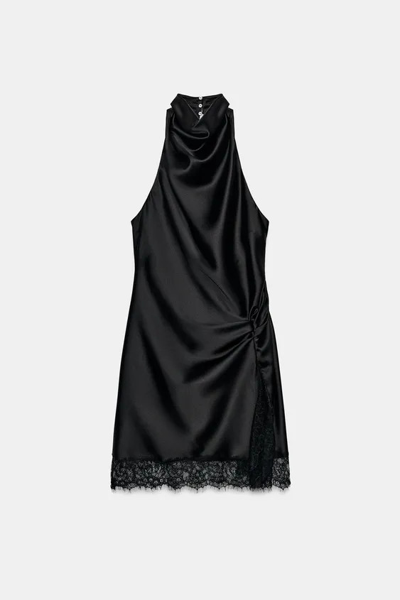 Mini halter neck dress featuring a lace hem and front slit. Back fastening with hidden buttons. | Zara UK