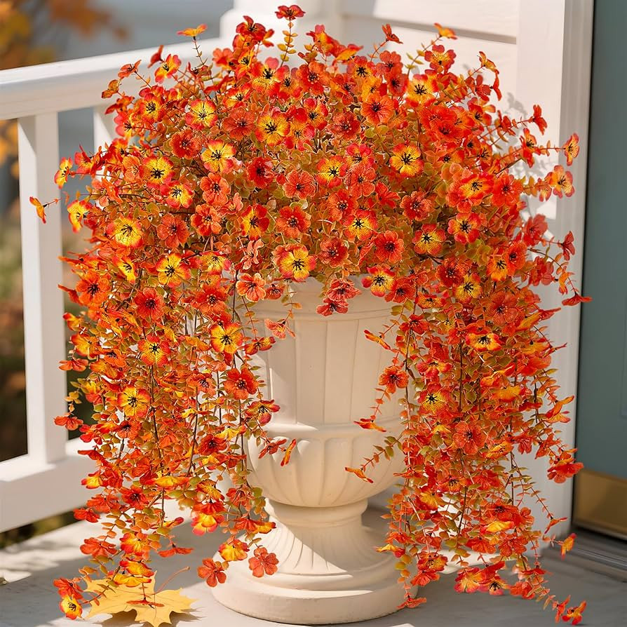 Fake Mums Artificial Fall Hanging Flowers for Outdoors Decoration 2 PCS Faux Mums for Outdoor Pla... | Amazon (US)