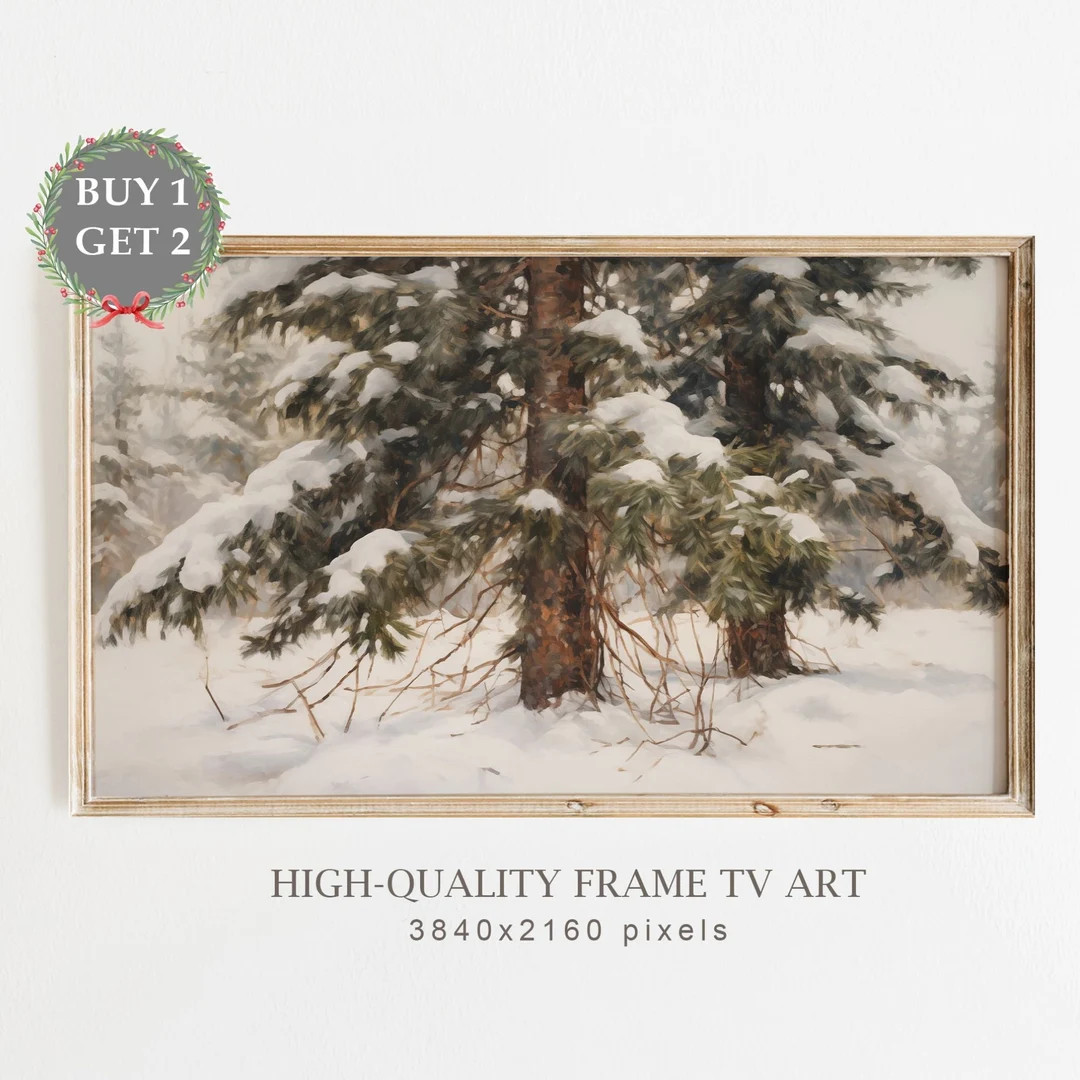 Christmas Frame TV Art, Winter Samsung Frame TV Art Farmhouse Christmas Snowy Pine Tree Art for T... | Etsy (US)