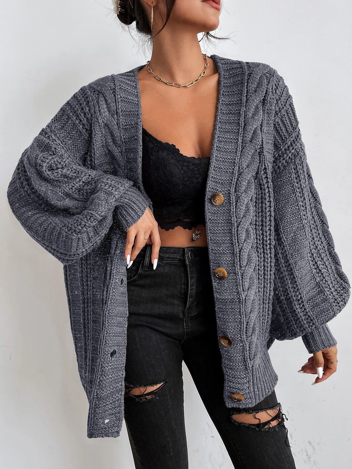 Solid Button Front Cable Knit Cardigan | SHEIN