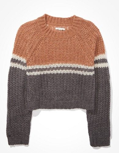 AE Cropped Color Block Crew Neck Sweater | American Eagle Outfitters (US & CA)