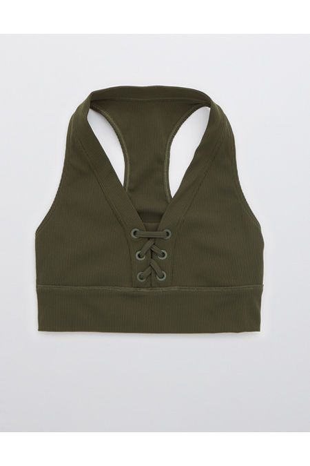 OFFLINE Ribbed Lace Up Sports Bra Women's Olive Daze XXS | American Eagle Outfitters (US & CA)