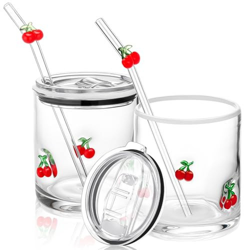 Patelai 2 Pcs Cherry Icon Glasses Cups with Lids and Straws 15oz Reusable Drinking Iced Coffee Glass Cups Cute Xmas Tumbler Gifts for Christmas Adults Women Men Holiday Stocking Stuffer | Amazon (US)