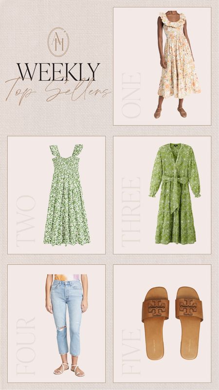 top selling products of the week
• floral dress (runs big)
• green print dress, no sleeves (runs tts)
• green broderie dress (runs tts)
• jeans (runs tts)
• brown flat slides (runs tts)

#LTKunder100