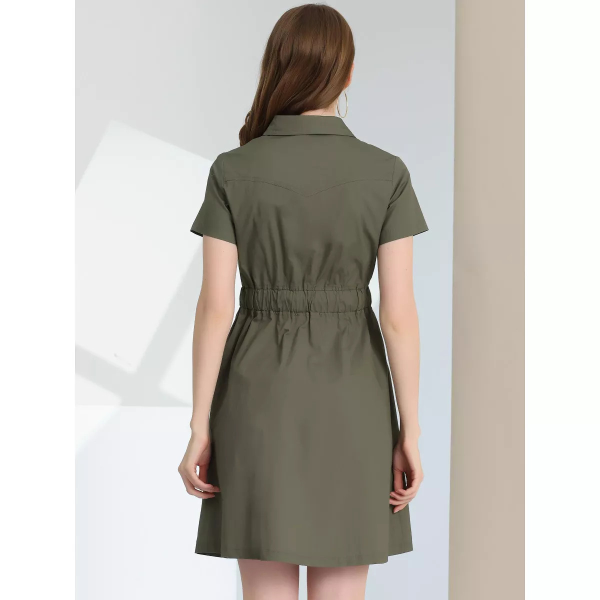 INSPIRE CHIC Women's Point Collar Front Elastic Waist Drawstring Mini Shirt Dress with Pocket | Target