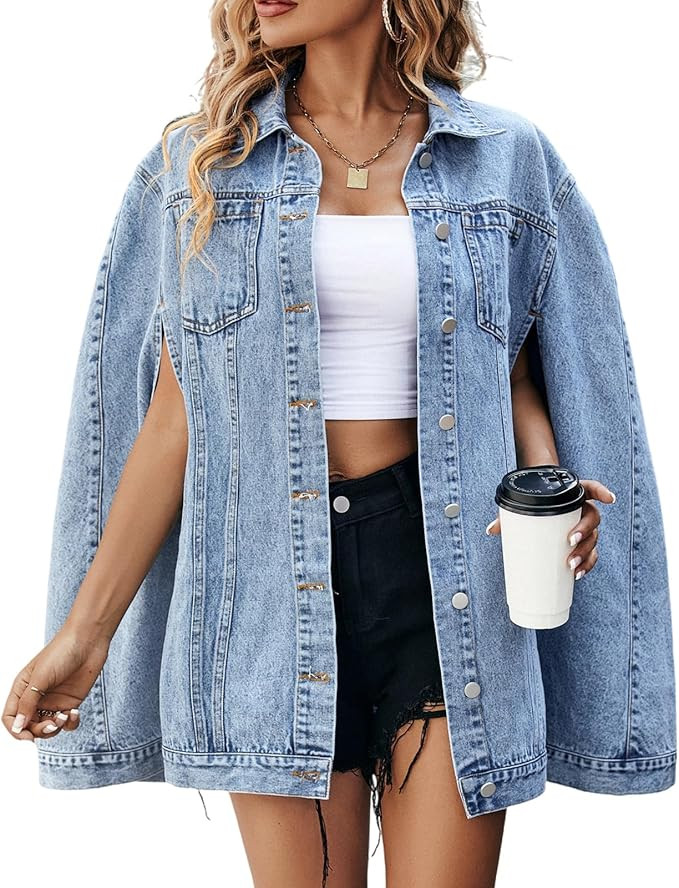 Angsuttc Denim Jacket for Women Poncho Cape Style Jean Jackets Loose Outerwear | Amazon (US)