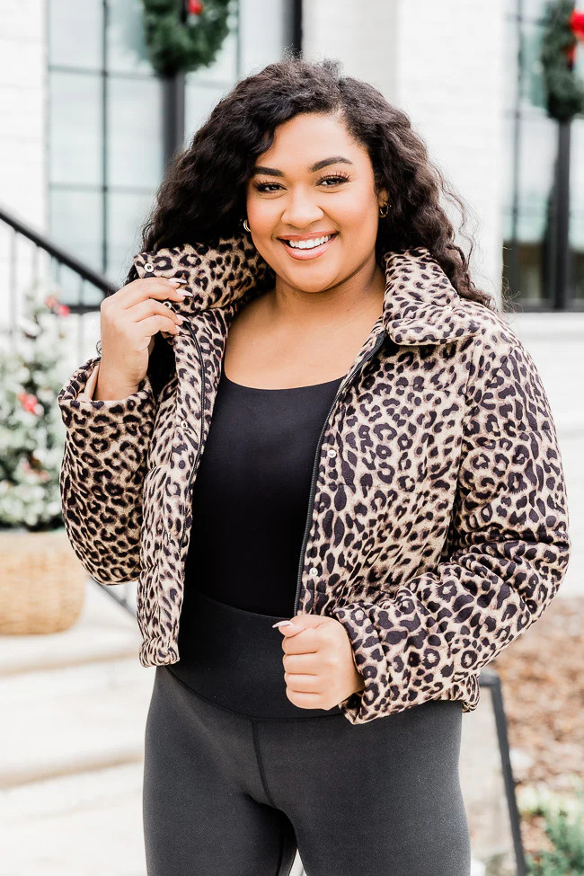 Make You Believe Brown Cropped Animal Print Puffer Jacket | Pink Lily