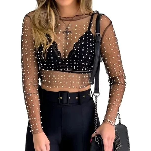 Women Pearl Rhinestone See Through Mesh Top Blouse Sexy Mesh Sheer Lace Long Sleeve T Shirt Tops ... | Walmart (US)