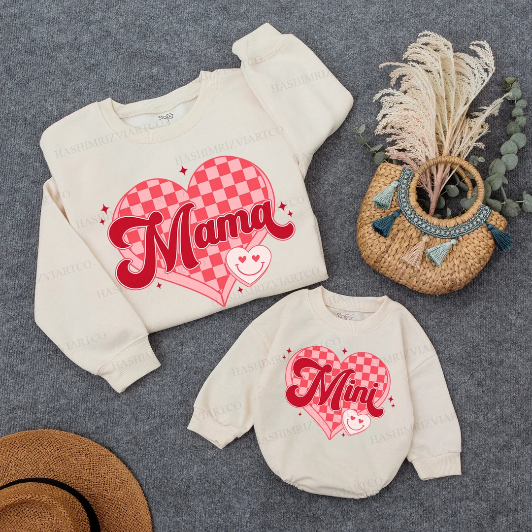 Personalized Mama and Mama's Valentine Sweatshirt, Mama and Mini, Retro Valentines Heart Outfit, ... | Etsy (US)