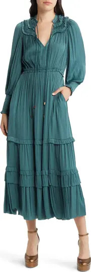 Long Sleeve Crinkle Satin Tiered Maxi Dress | Nordstrom