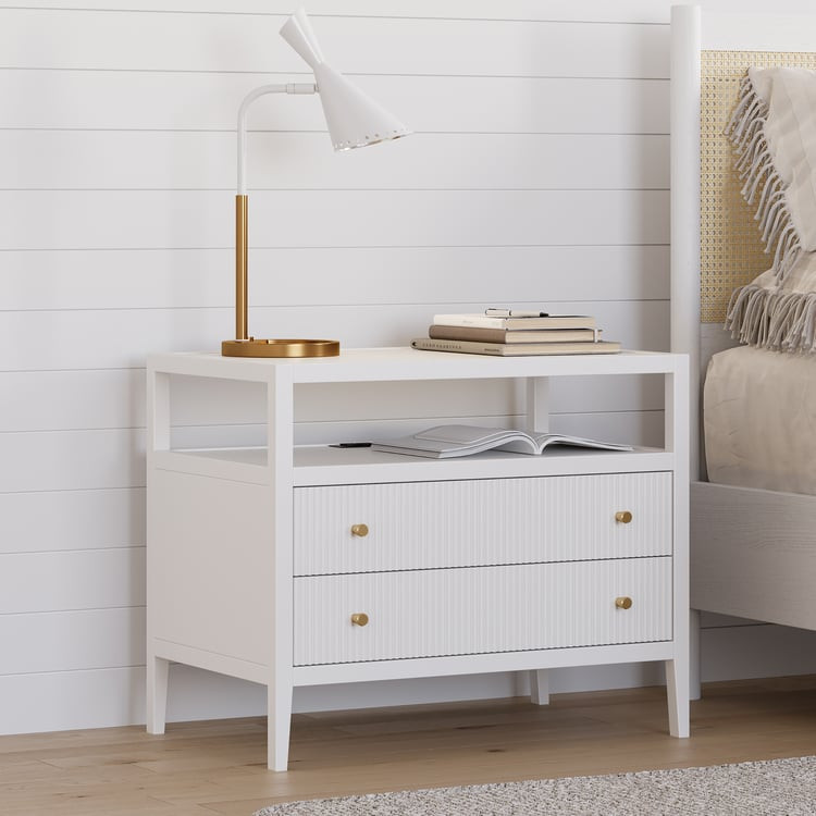 Stria Wide 2-Drawer Nightstand with Open Shelf & Charging Station | Homary