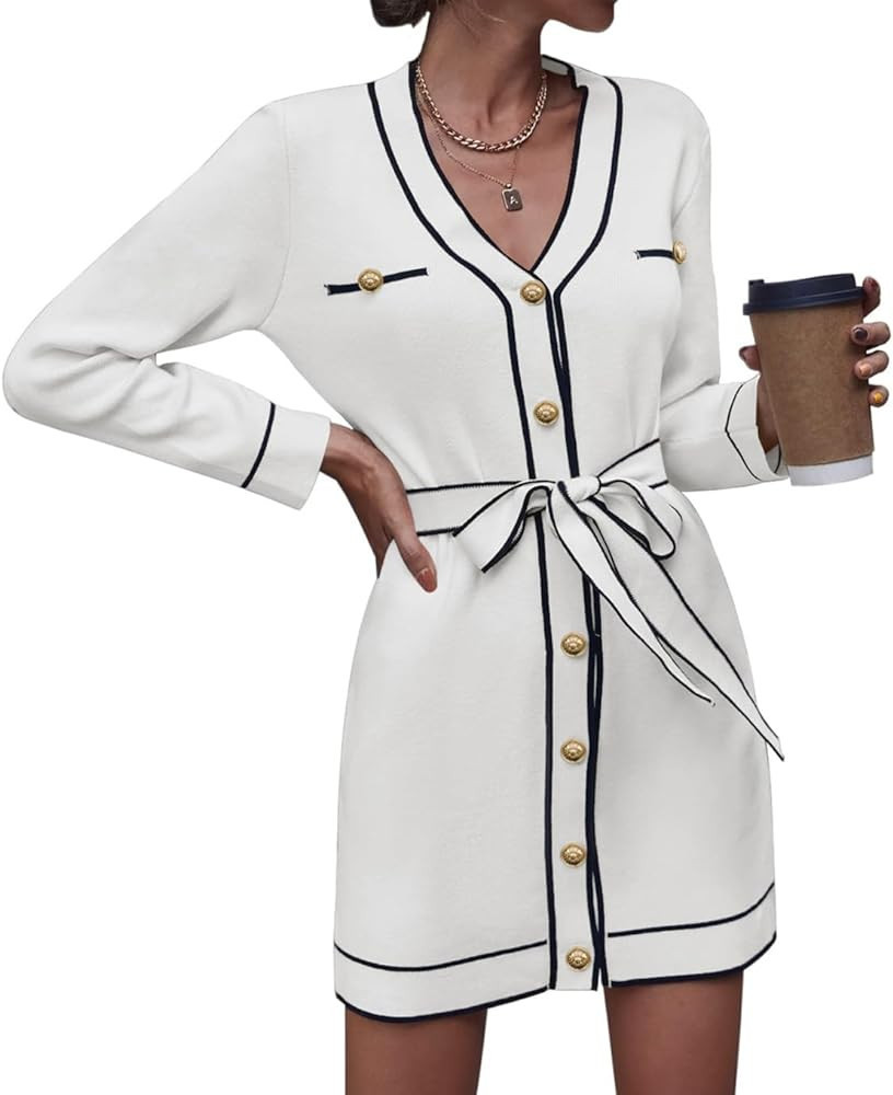 Pink Queen Women's V Neck Long Sleeve Mini Dress Elegant Button Down Open Front Color Block Knit ... | Amazon (US)