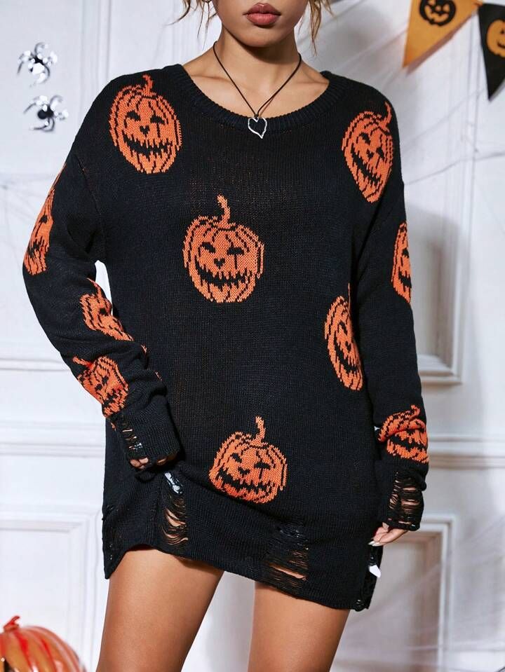 SHEIN EZwear Halloween Pumpkin Pattern Drop Shoulder Ripped Sweater | SHEIN