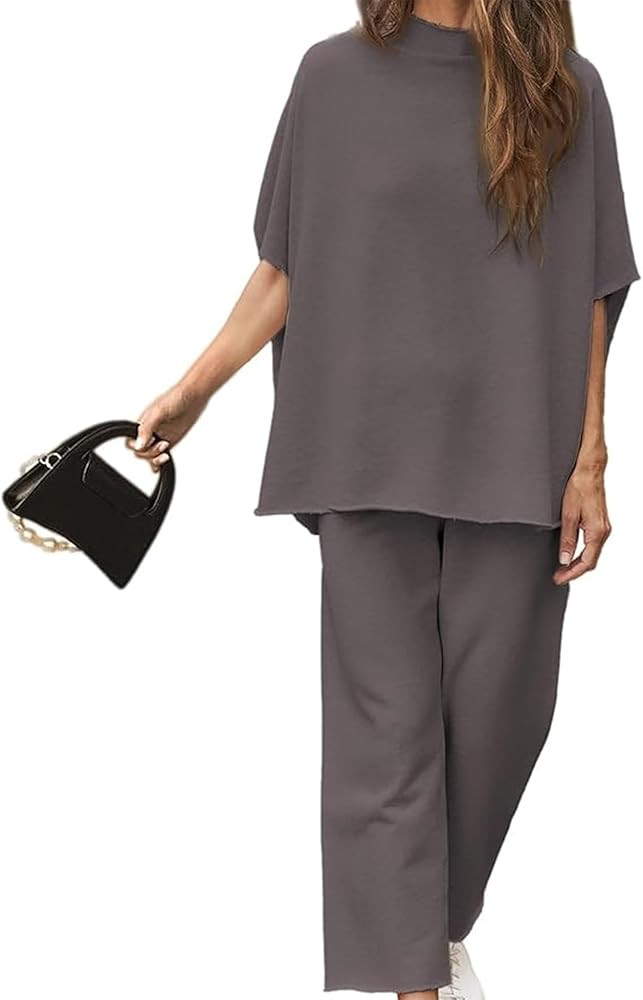 Women's Two Piece Lounge Set, 3/4 Batwing Sleeve Capelet Crew Neck Pullover Top, Wide Leg Pants | Amazon (US)