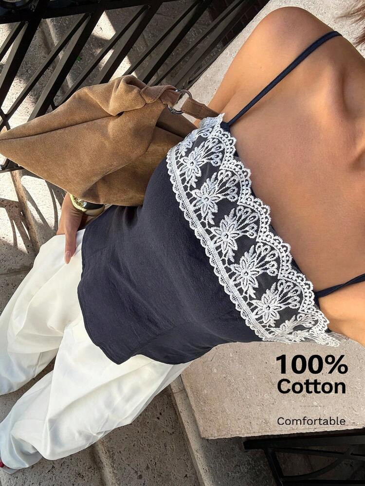 Siren Gaze 2025 Women's New Design Lace Trim Camisole Tank, Minimalist Sexy Short Tube Top Lace Trim Tops Neckline Lace Trim Tops Cotton Tops Women's Spaghetti Strap Square Neck Tops 100%Cotton Crochet Top Women Lace Top Summer Casual Blue | SHEIN