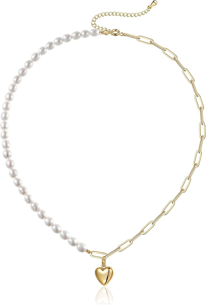 Cowlyn Pearl Necklace for Women Round Pearl Choker Necklace, 14K Gold Plated Pendant Chain for We... | Amazon (US)